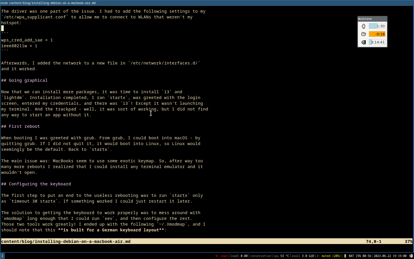 screenshot of the i3 window manager running vim editing this article, withi3bar in the bottom